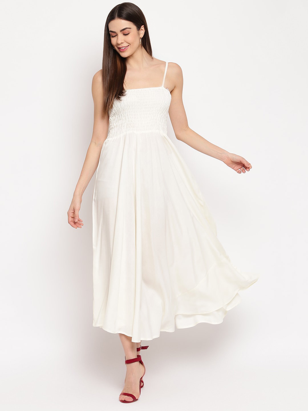 Aawari Women Cream-Coloured Solid Fit and Flare Dress