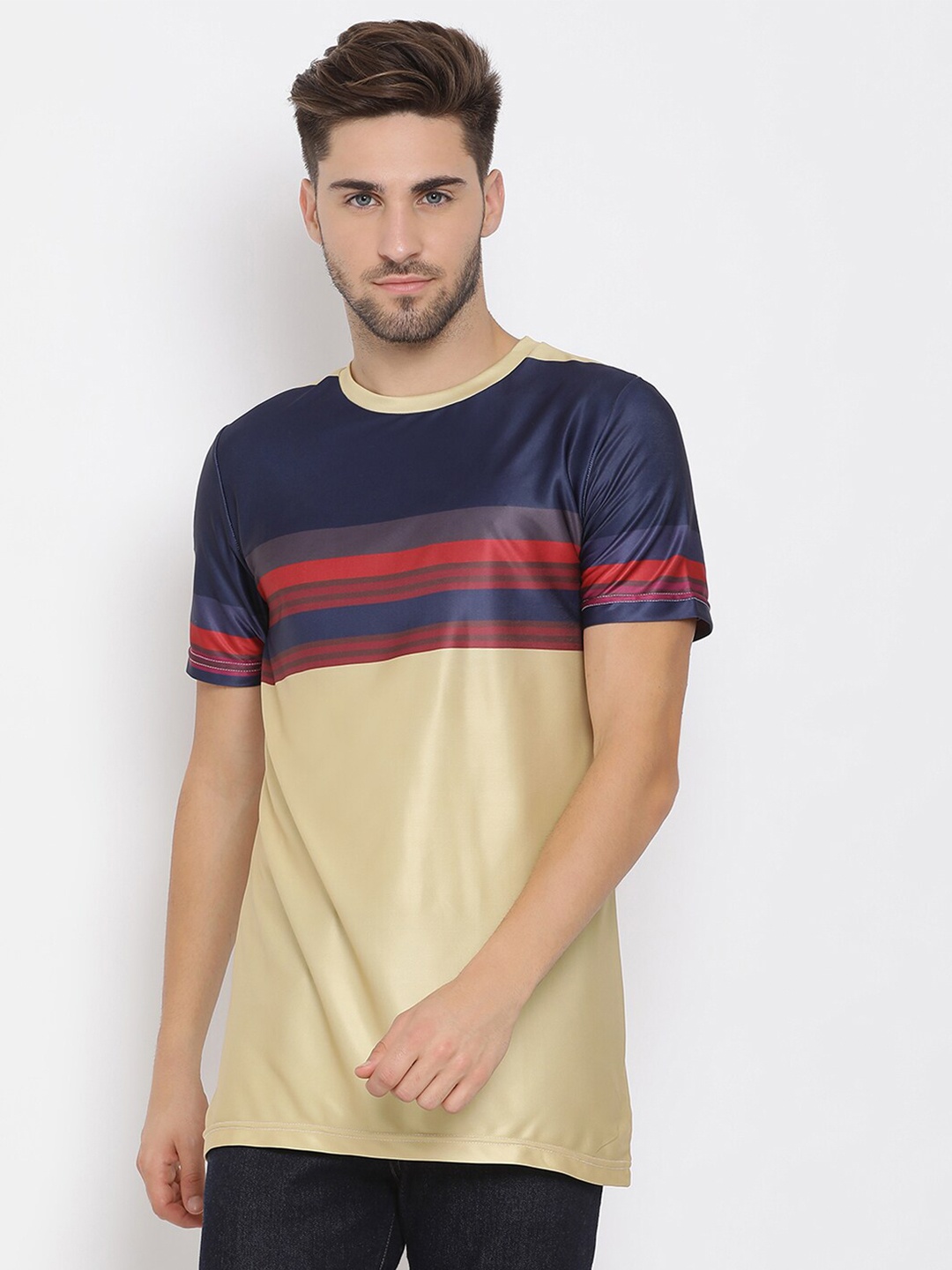 Hangup Men Navy Blue & Golden Striped Round Neck T-shirt