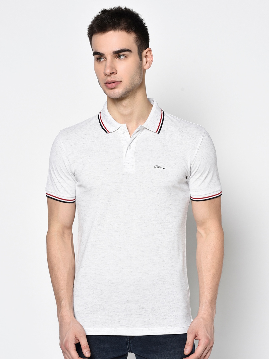 Octave Men White Solid Polo Collar T-shirt