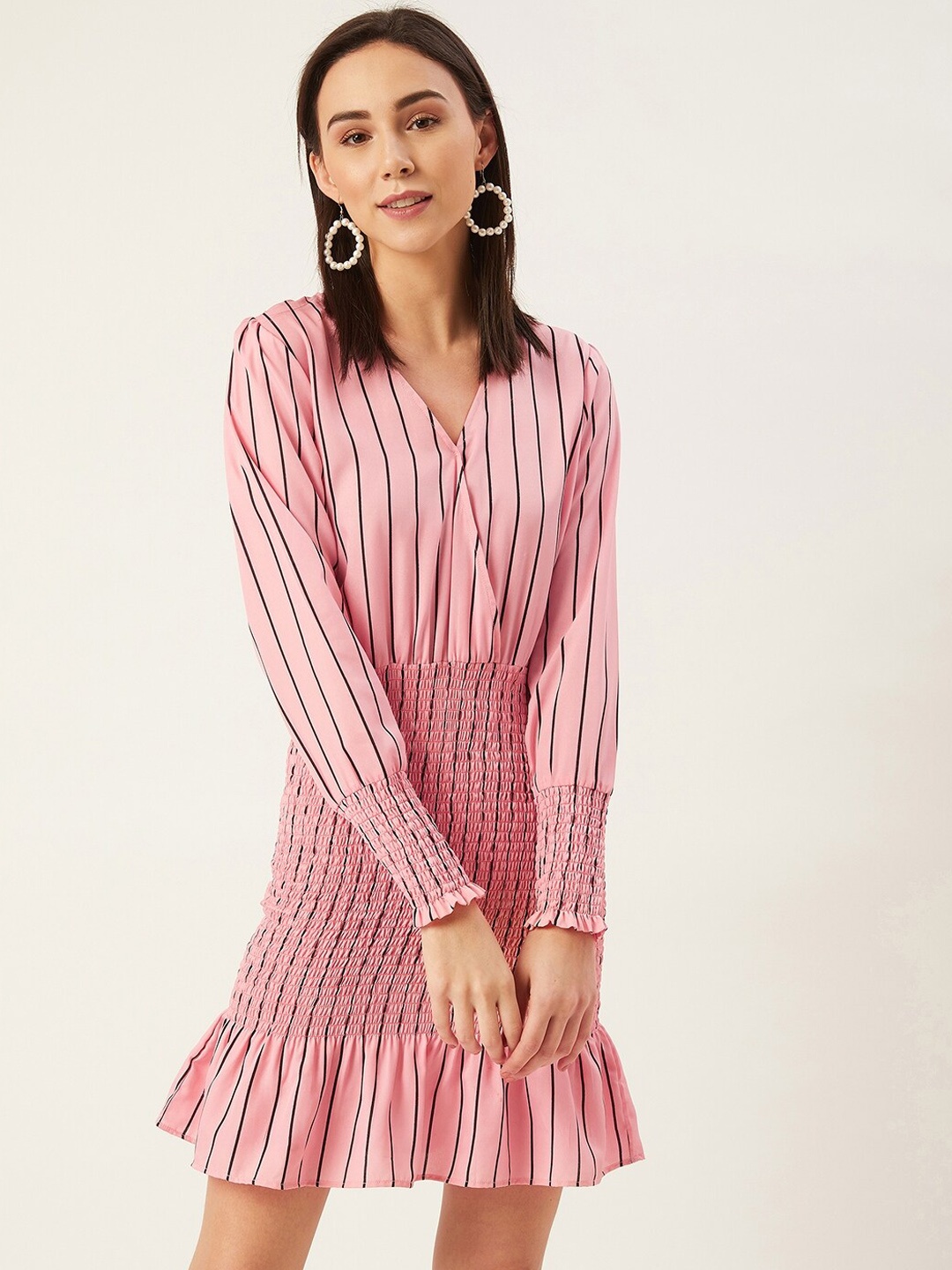 ANVI Be Yourself Women Pink & Black Striped Wrap Dress