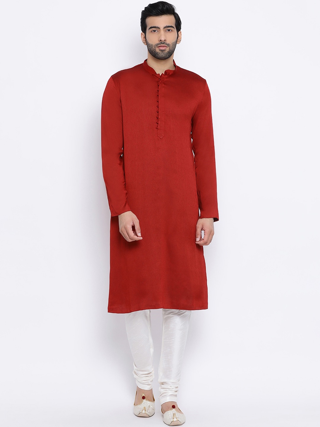 NAMASKAR Men Maroon & White Solid Rayon Kurta with Churidar