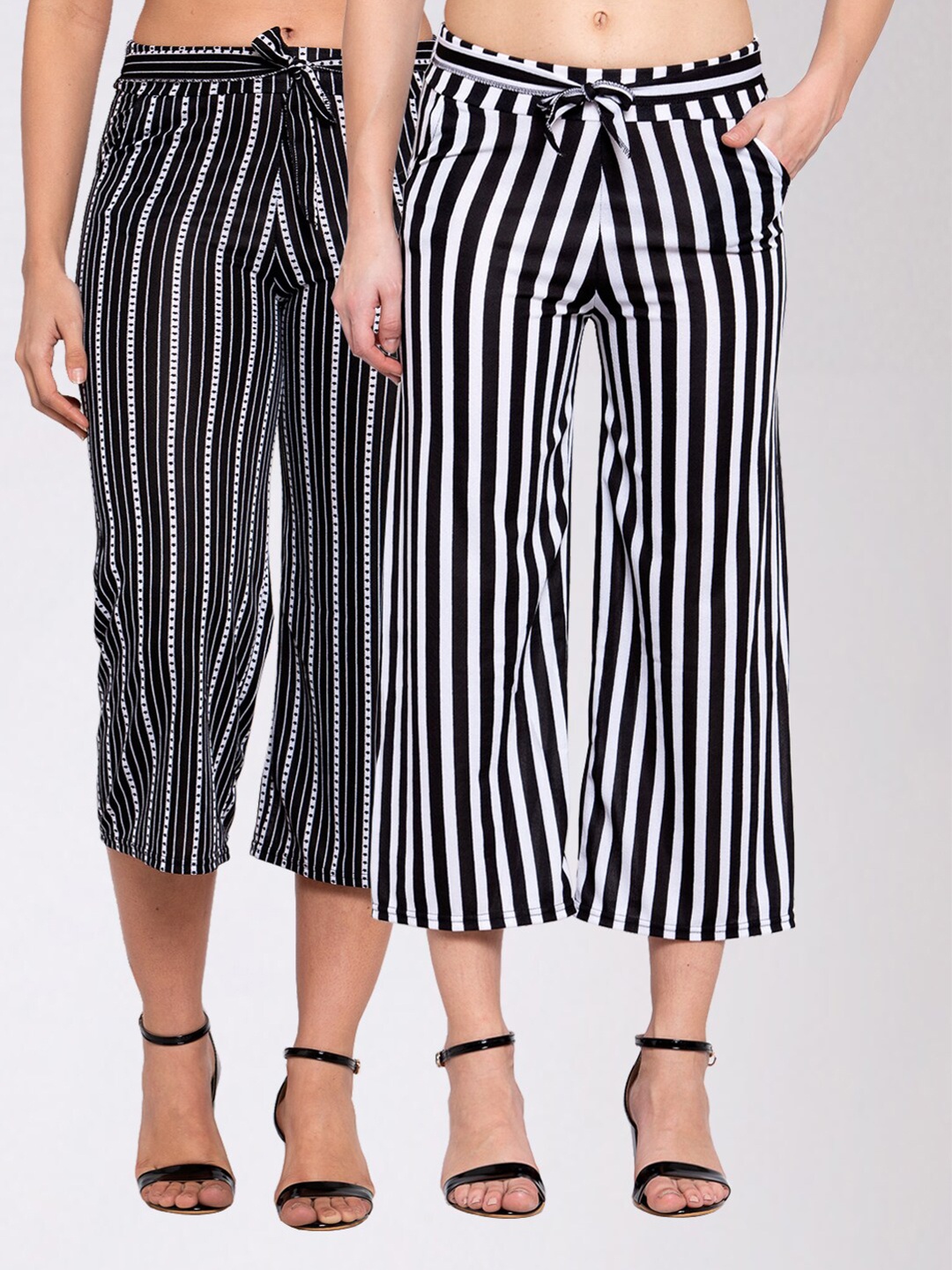 KLOTTHE Pack of 2 Women Multicoloured Striped Wide Leg Palazzos, Multi