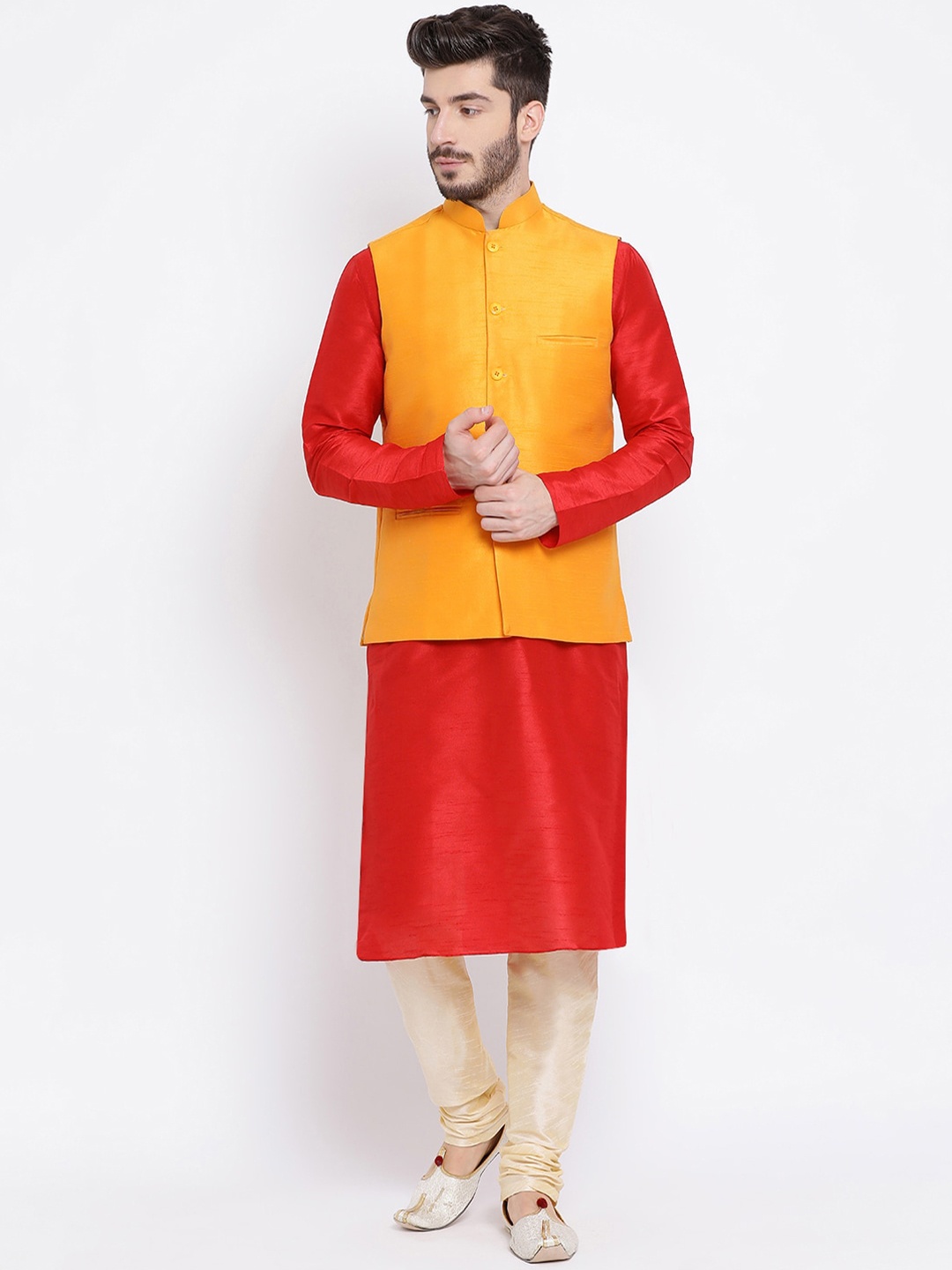 NAMASKAR Men Red & Cream-Coloured Solid Kurta with Churidar & Nehru Jacket