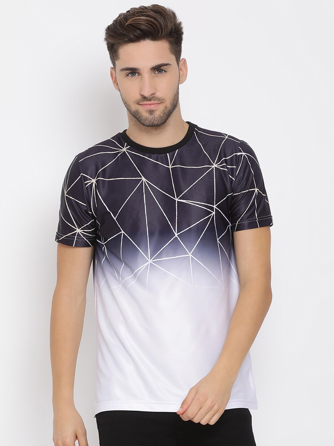 hangup trend Men Navy Blue White Dyed Round Neck Pure Cotton T-shirt