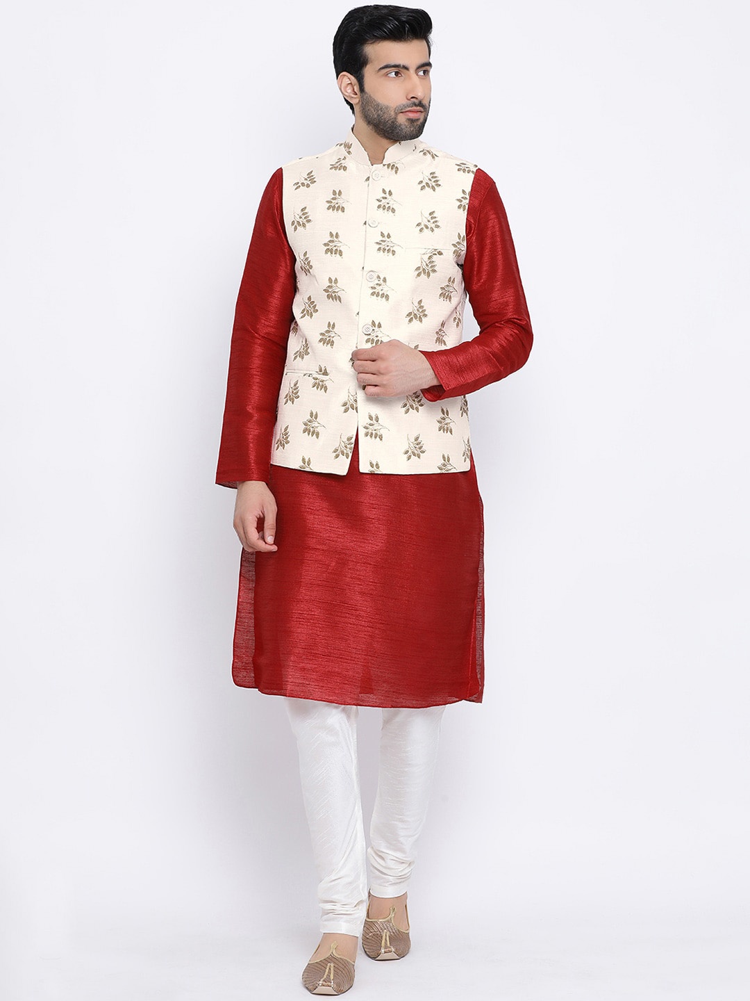 NAMASKAR Men Maroon & Off-White Solid Kurta with Churidar & Nehru Jacket