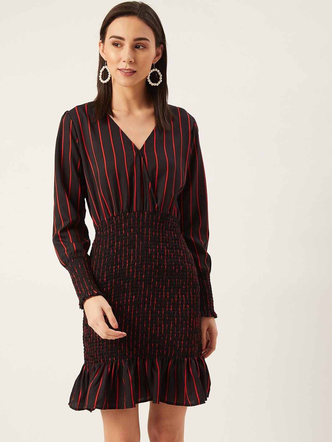 ANVI Be Yourself Women Black & Red Striped Straight Dress