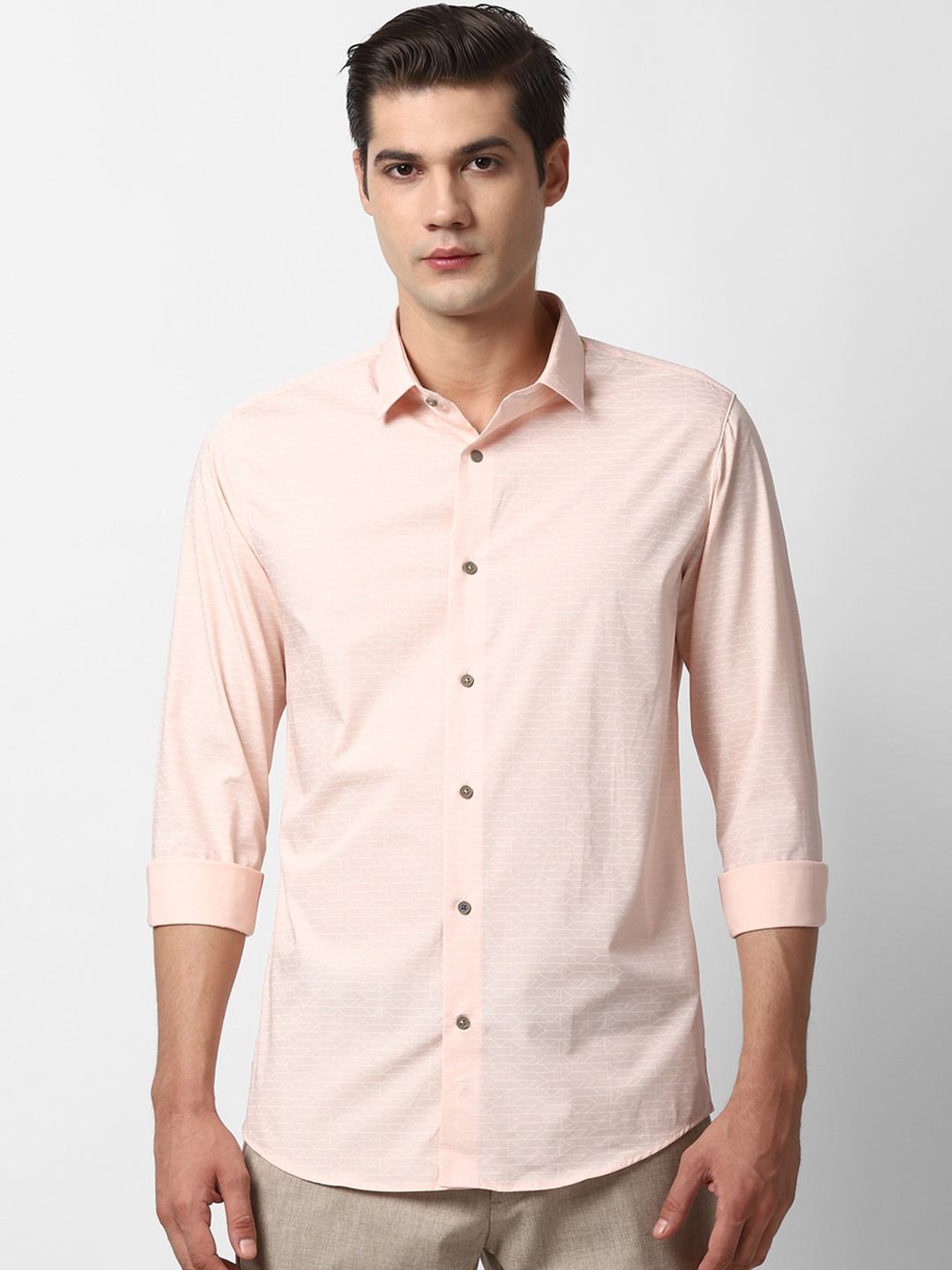 Louis Philippe Sport Men Peach-Coloured Slim Fit Printed Casual Shirt
