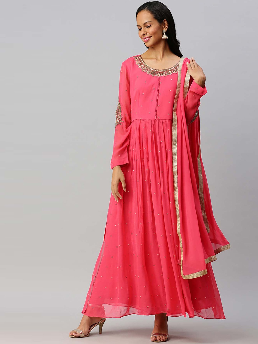 Soch Women Pink & Gold-Coloured Embroidered Kurta with Trousers & Dupatta