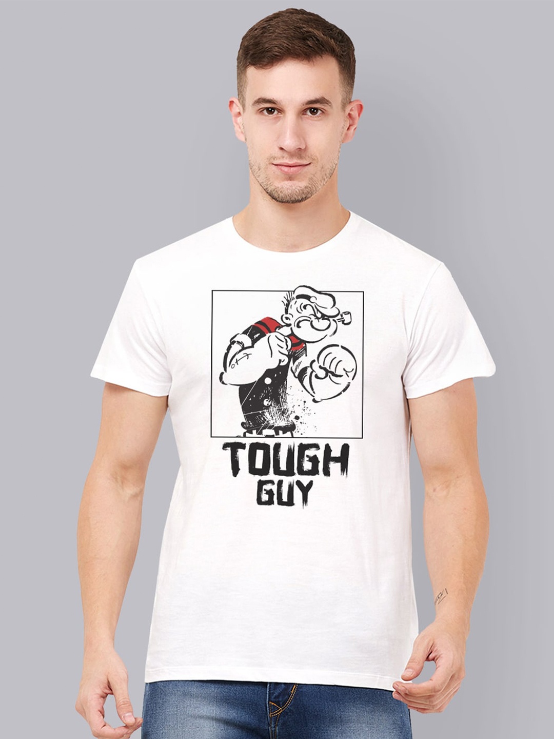 Free Authority Men White Popeye Printed Round Neck T-shirt