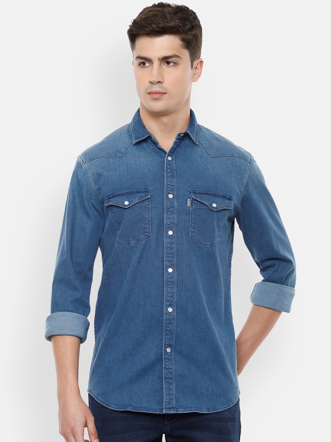 Louis Philippe Jeans Men Blue Faded Super Slim Fit Denim Casual Shirt
