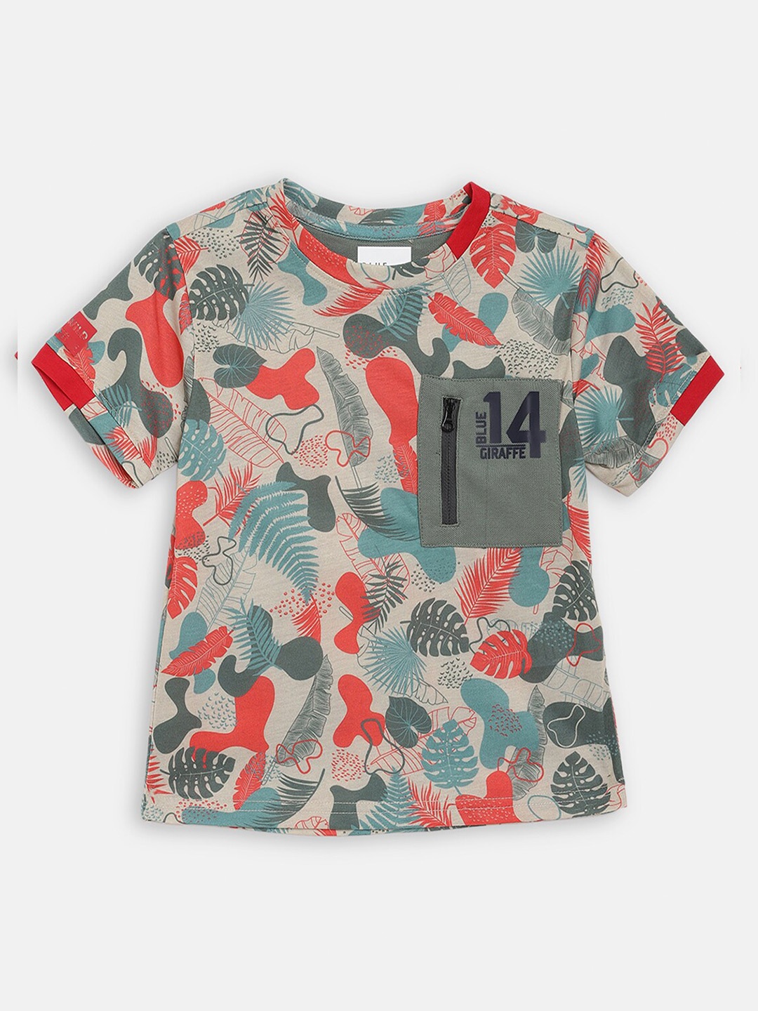 Blue Giraffe Boys Beige & Green Cotton Printed Round Neck T-shirt