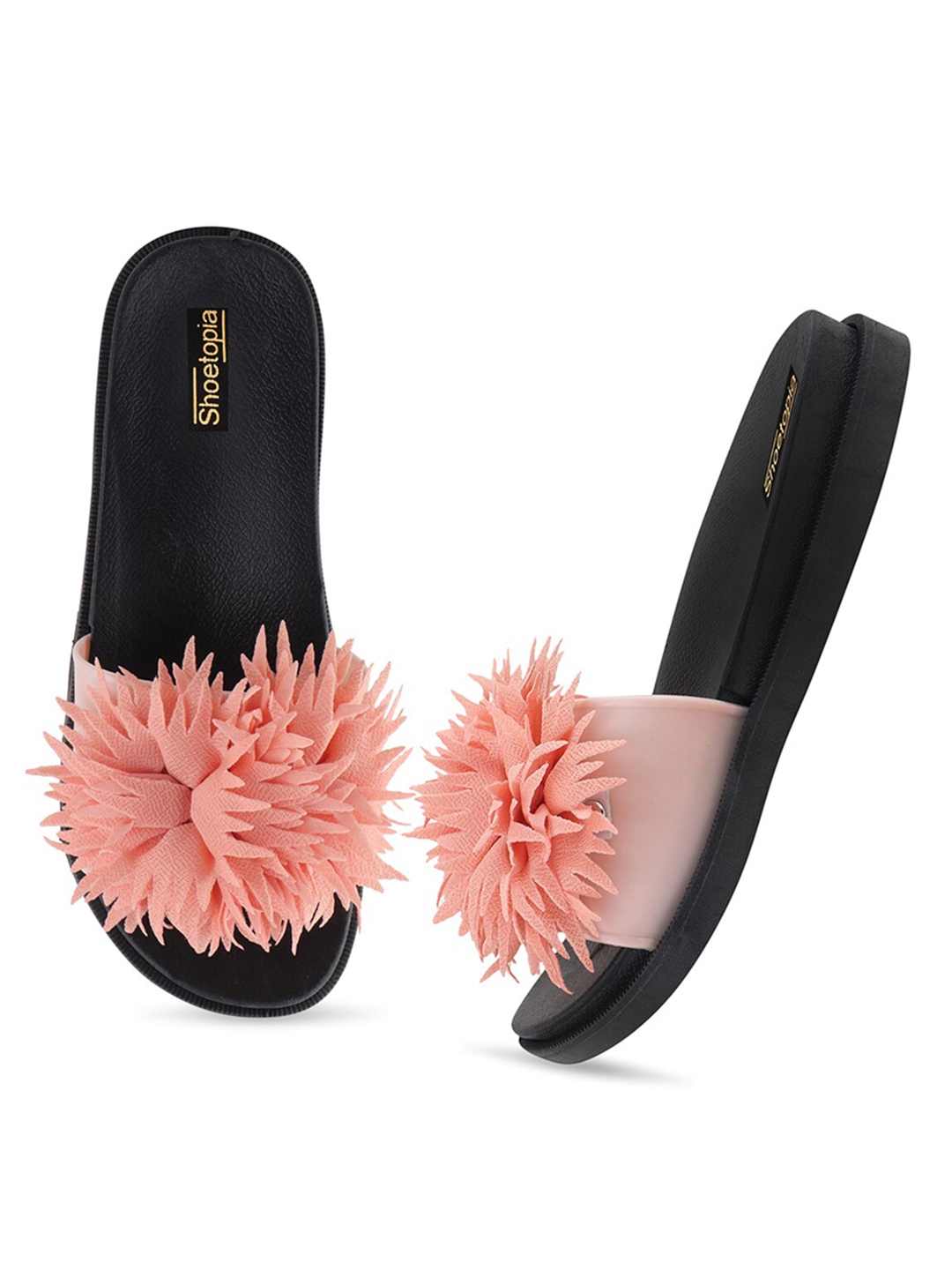 Shoetopia Girls Peach-Coloured & Black Embellished Sliders