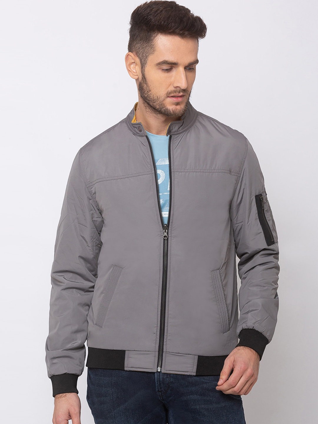 SPYKAR Men Grey Solid Bomber Jackets