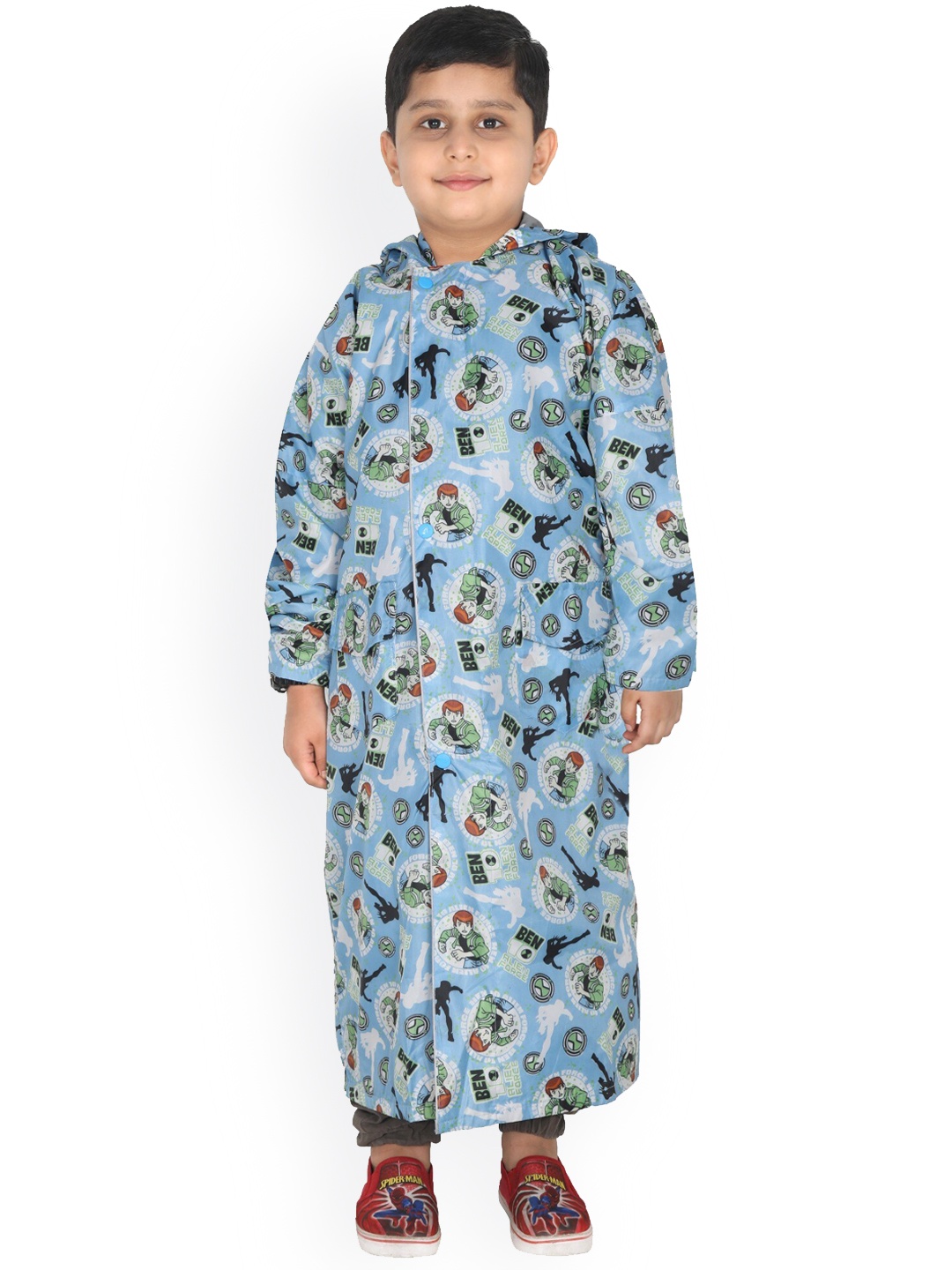 FabSeasons Kids Blue & Green Ben10 Printed Waterproof Longline Rain Jacket