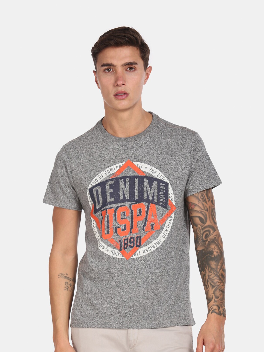 U.S. Polo Assn. Denim Co. Men Grey Melange & Orange Brand Logo Print T-shirt