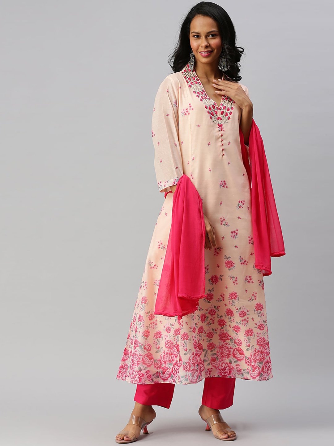 Soch Women Pink Embroidered Kurta with Trousers & Dupatta