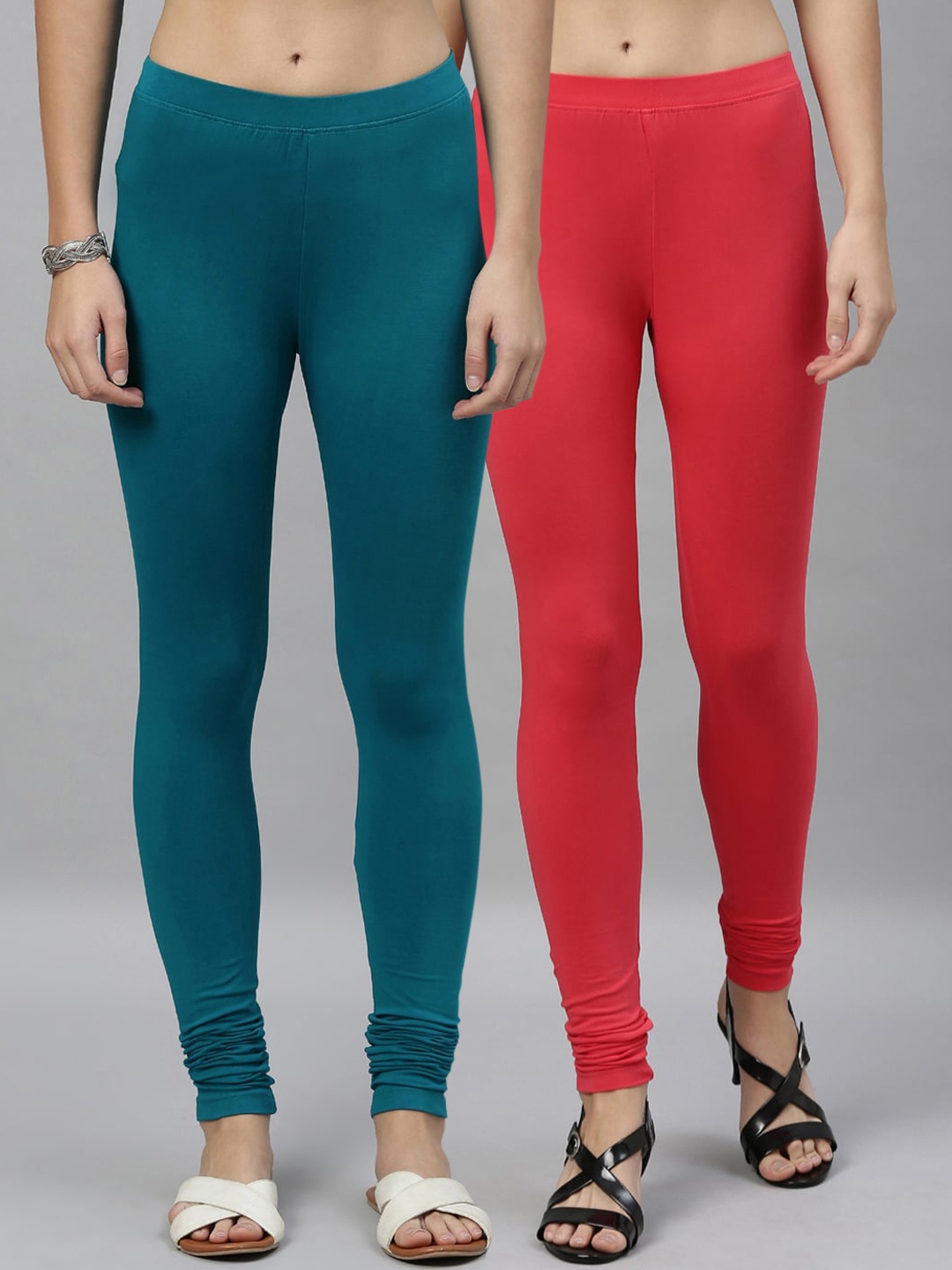 Kryptic Women Pack of 2 Solid Churidar-Length Leggings, Coral