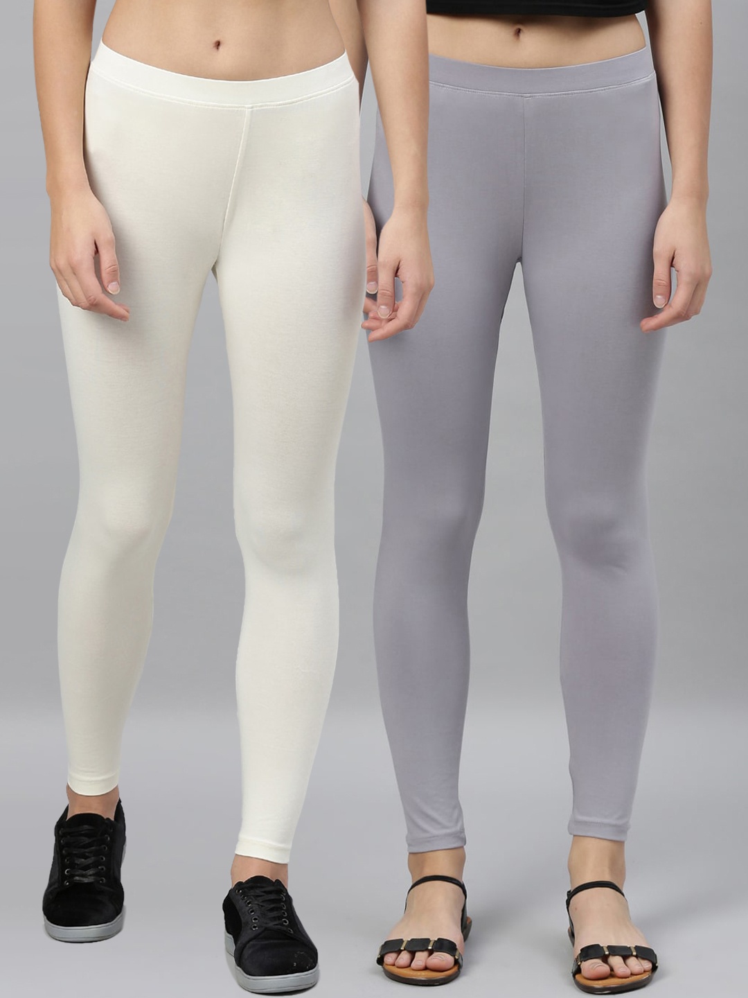 Kryptic Women Pack of 2 Solid Ankle-Length Leggings, Grey