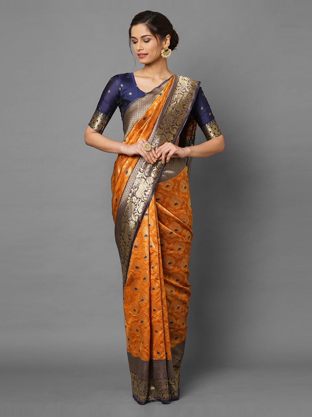 Mitera Mustard & Gold-Toned Ethnic Motifs Zari Silk Blend Banarasi Saree