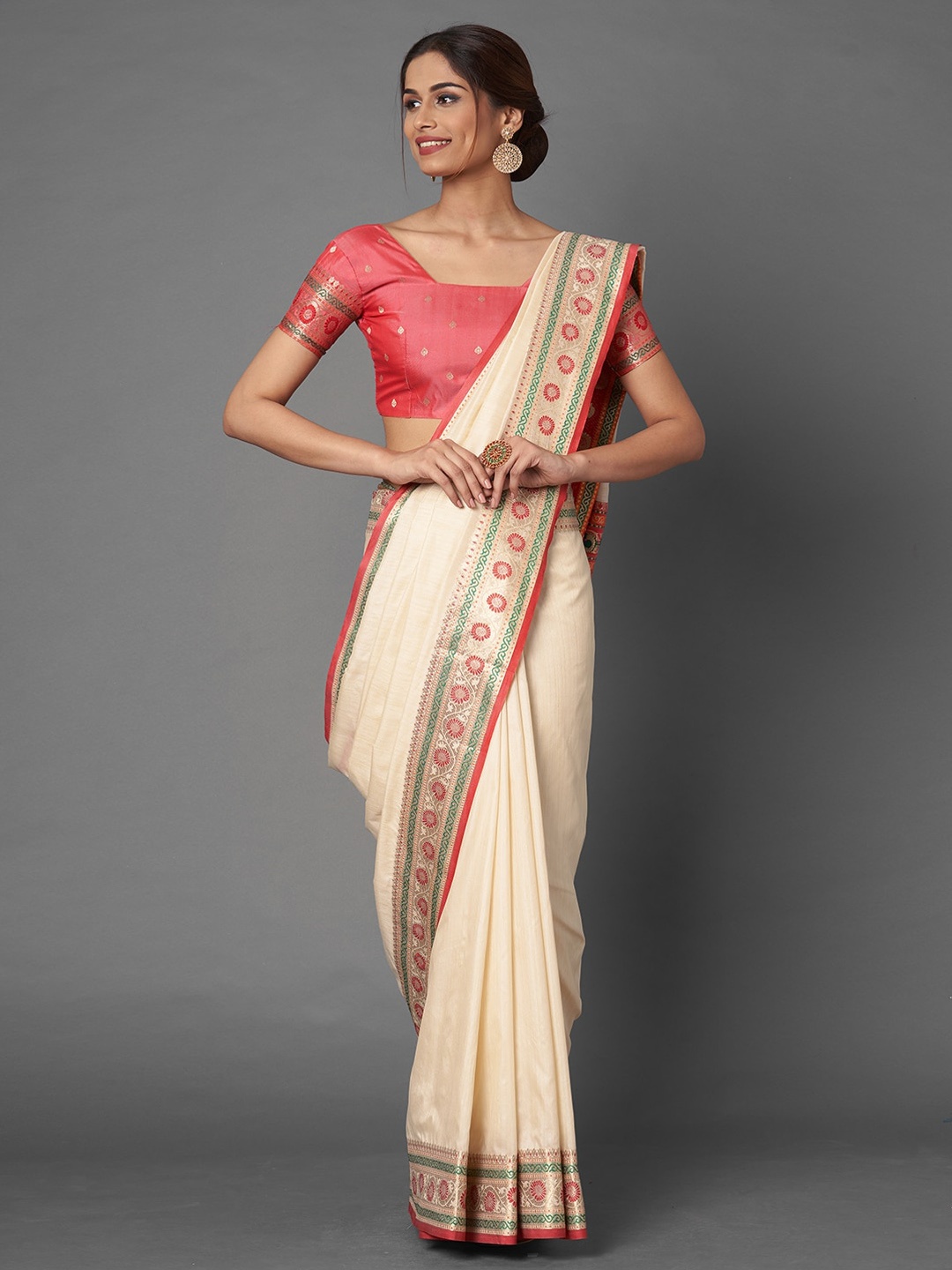 Mitera Cream Woven Design Silk Blend Banarasi Saree