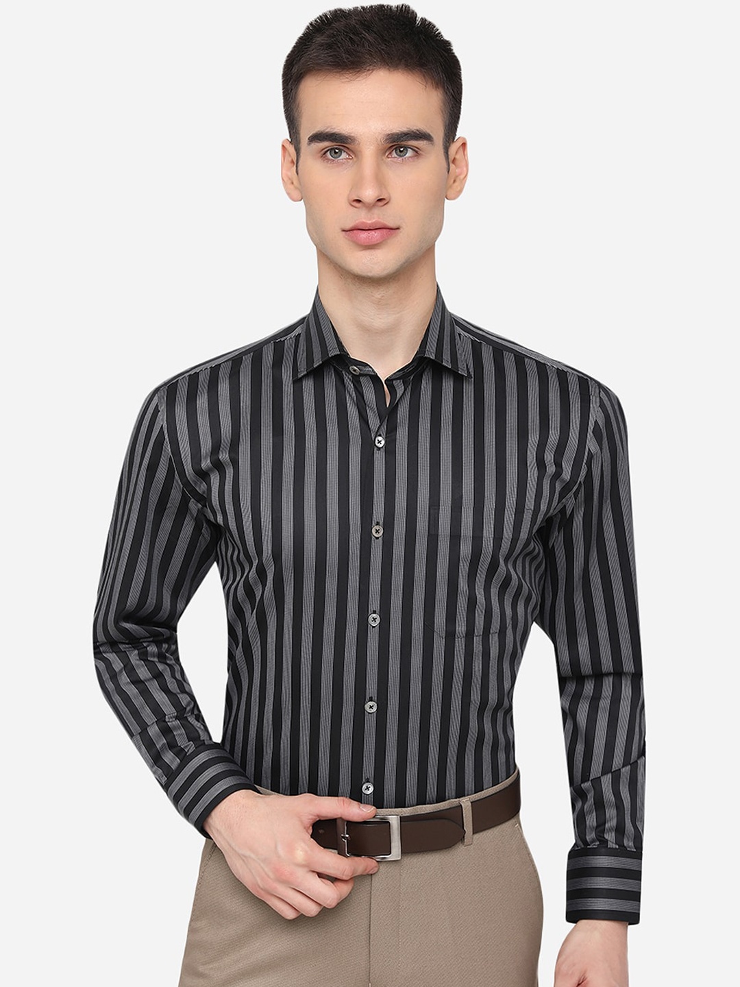 JADE BLUE Men Black Striped Cotton Formal Shirt
