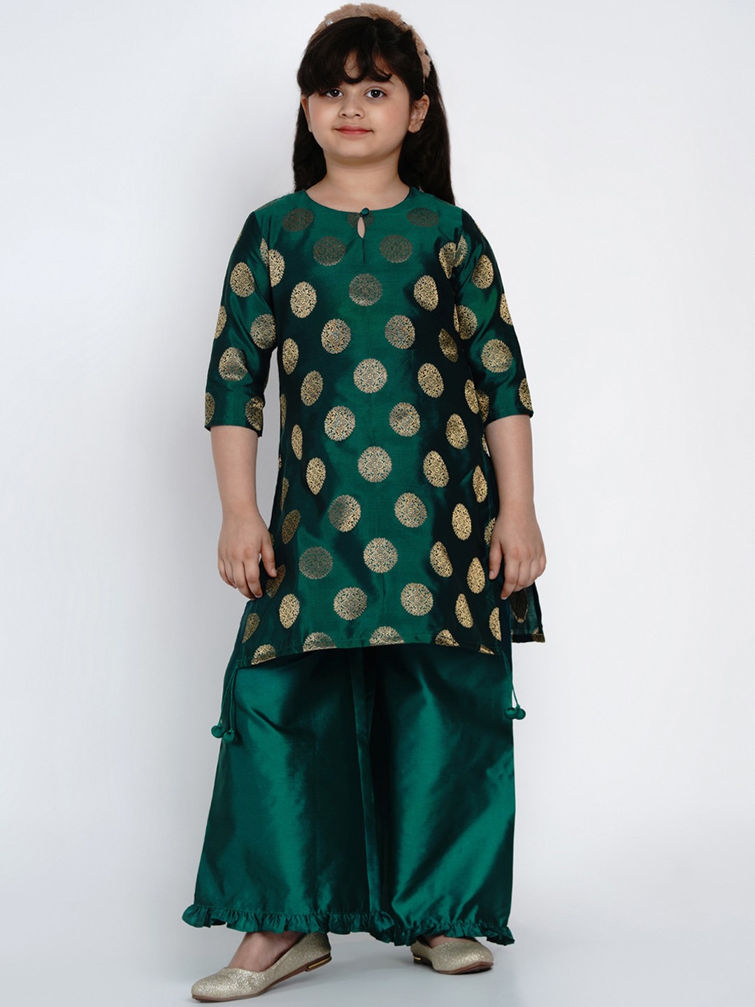 Bitiya by Bhama Girls Sea Green Ethnic Motifs Printed Angrakha Kurta with Palazzos