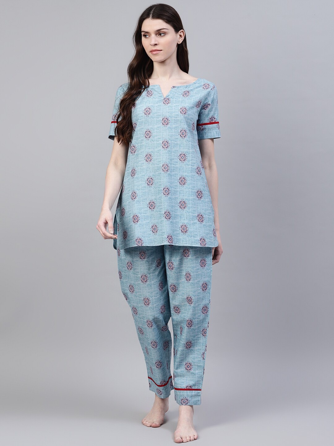 Stylum Women Blue & Red Printed Pure Cotton Night suit