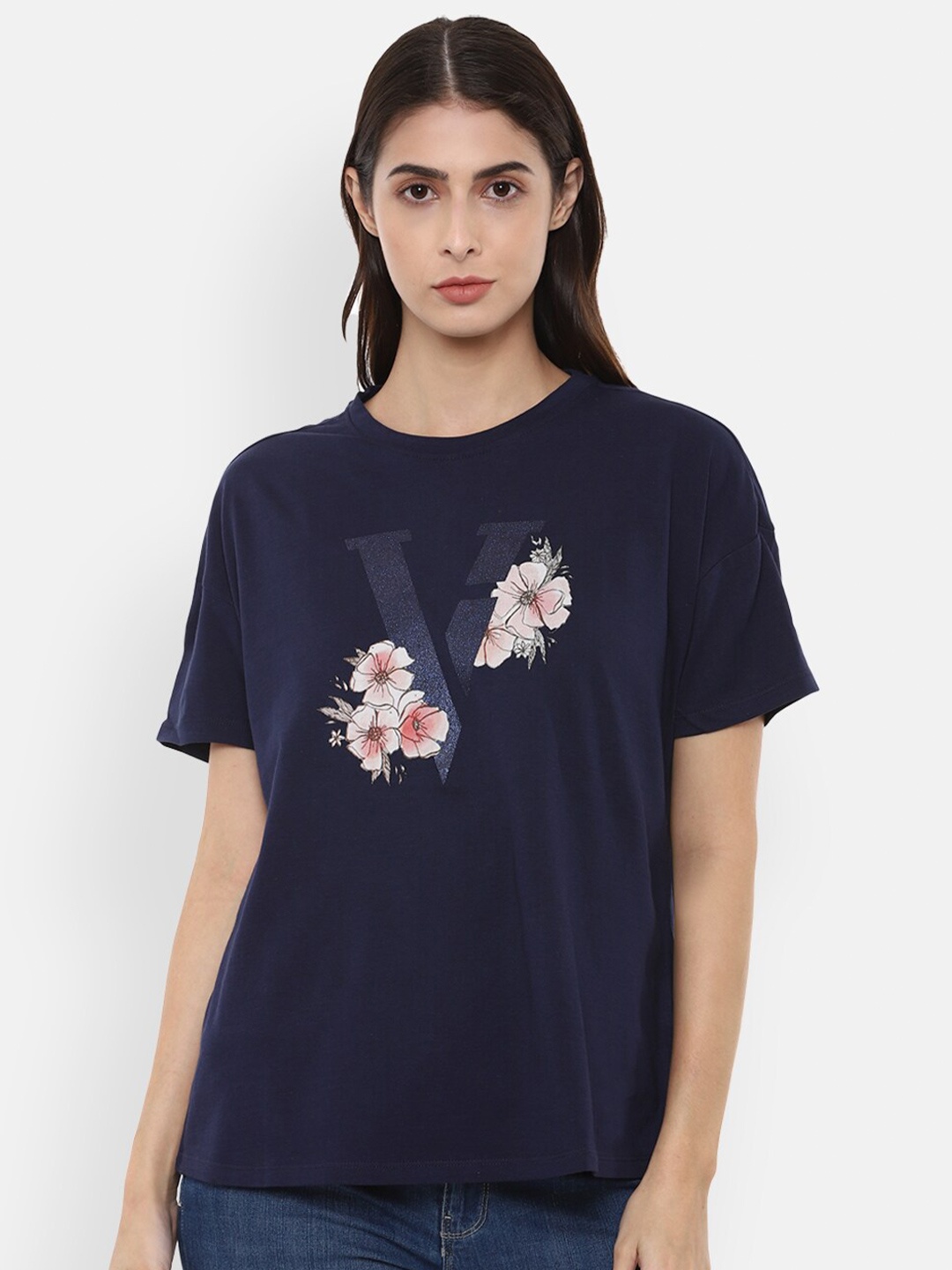 Van Heusen Woman Blue Printed Cotton Pure Cotton T-shirt