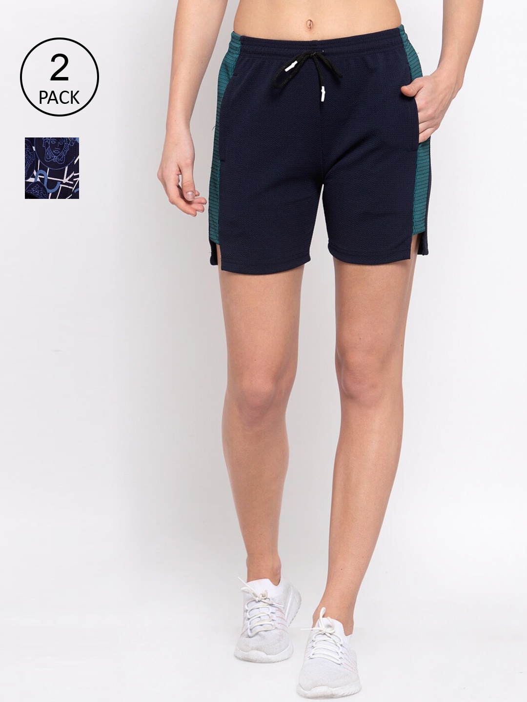 KLOTTHE Women Pack Of 2 Navy Blue Printed Mid-Rise Sports Shorts
