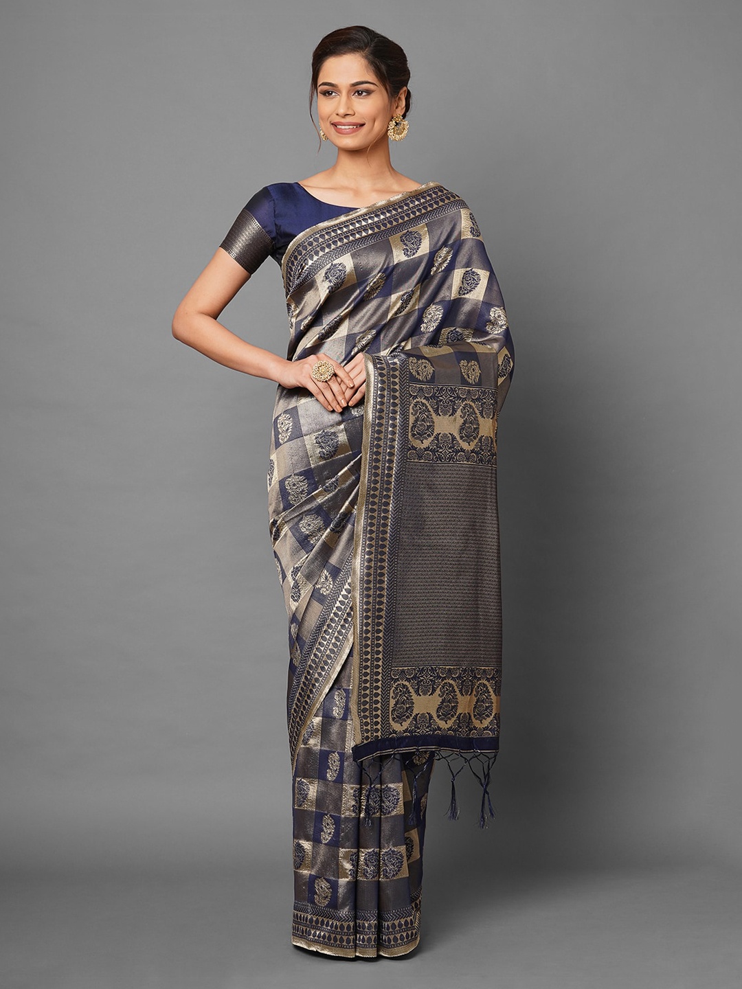 Mitera Navy Blue Paisley Zari Silk Blend Banarasi Saree