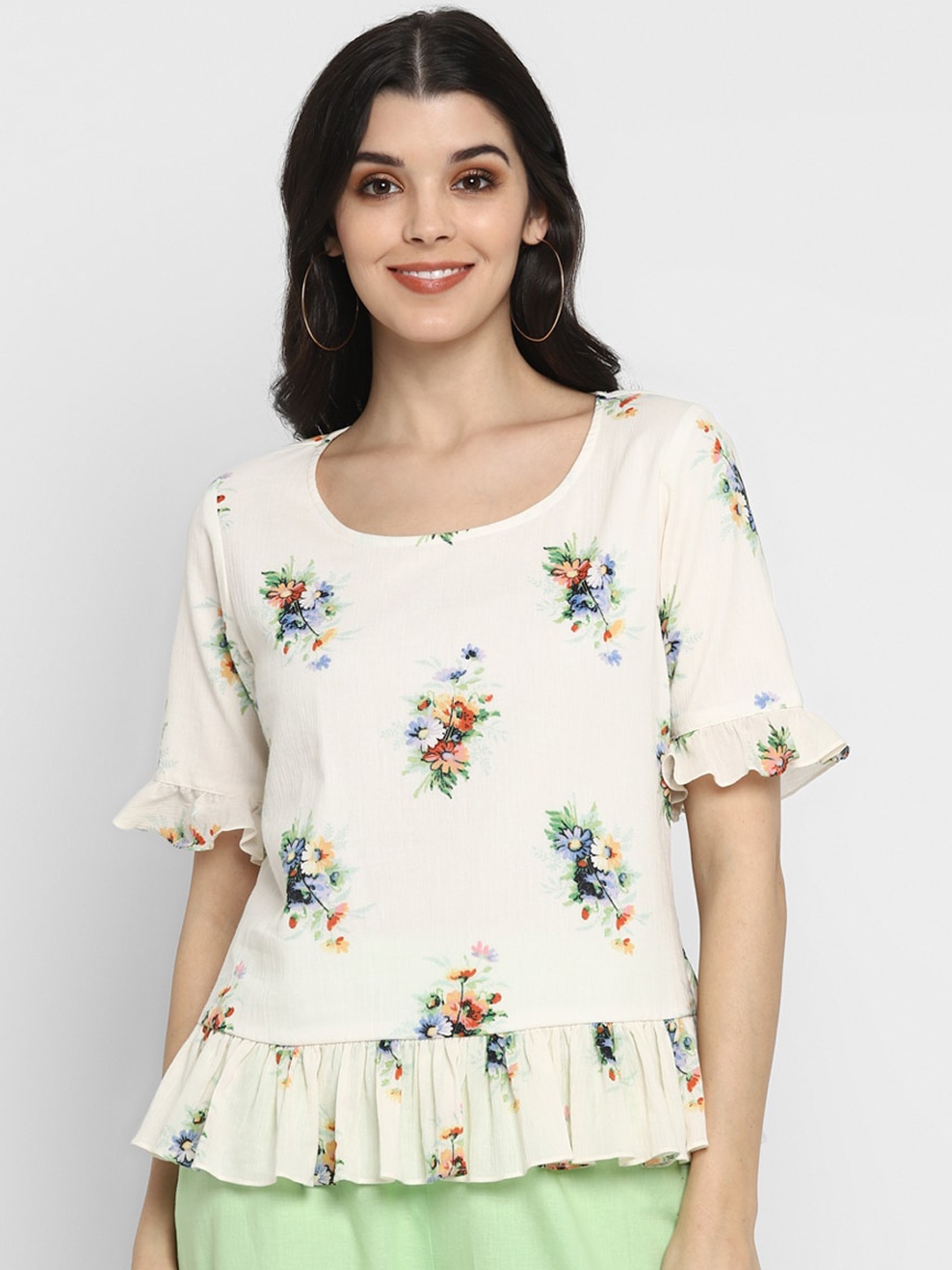 DEEBACO Off White Floral Bell Sleeve Cinched Waist Top