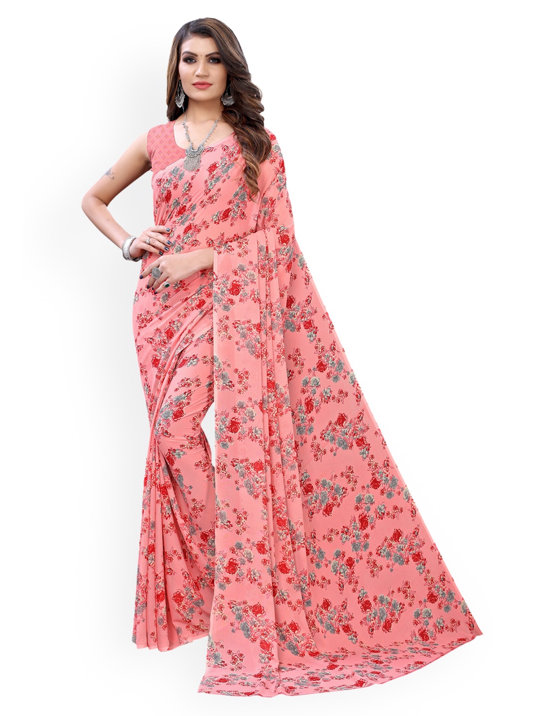 KALINI Pink Floral Printed Pure Georgette Saree