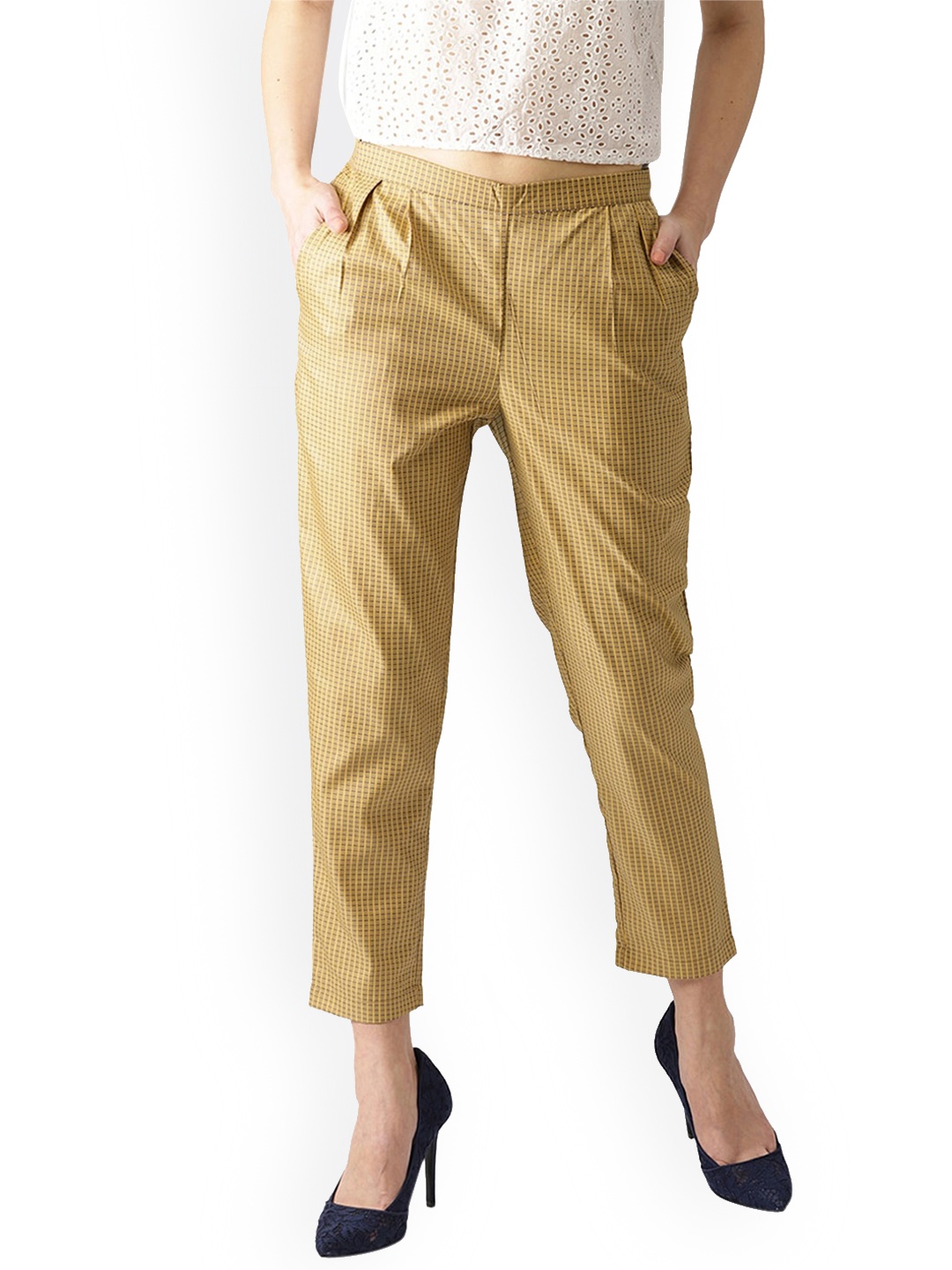 Libas Women Beige Checked Straight Fit Pleated Regular Trousers