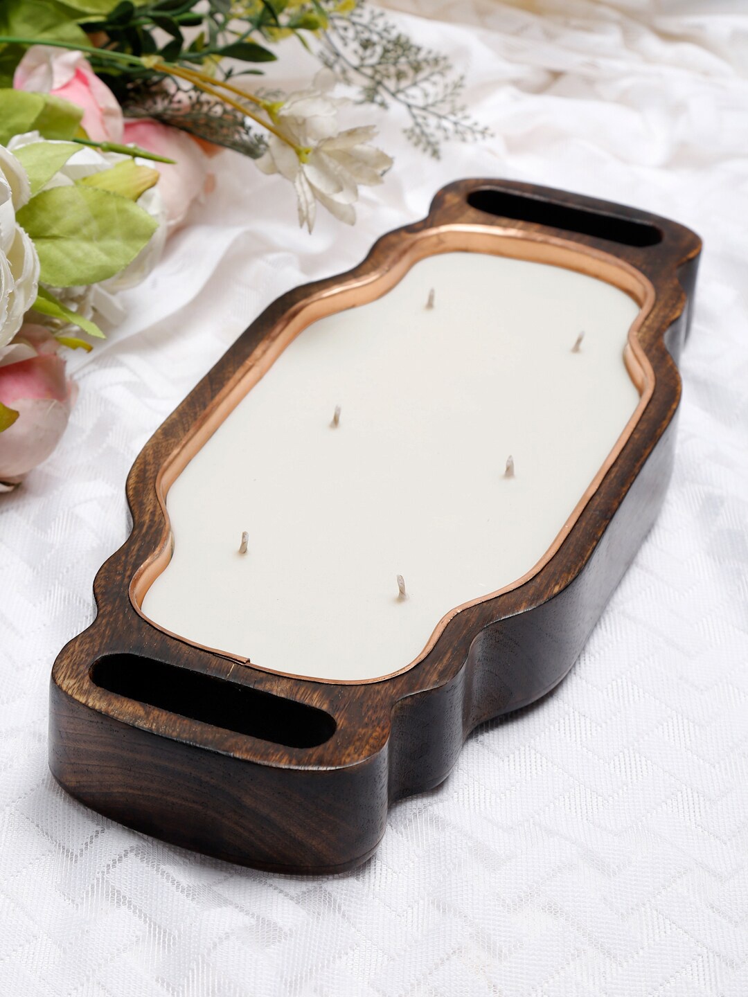 Fabindia Off-White & Brown Solid Candle With Wodden Tray