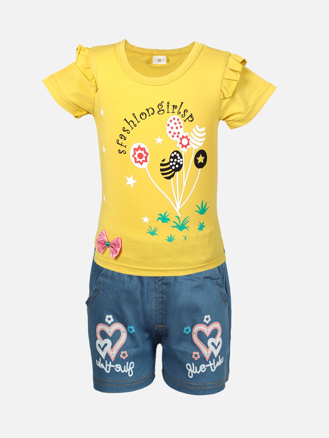 PASSION PETALS Girls Yellow & Blue Printed Top with Shorts