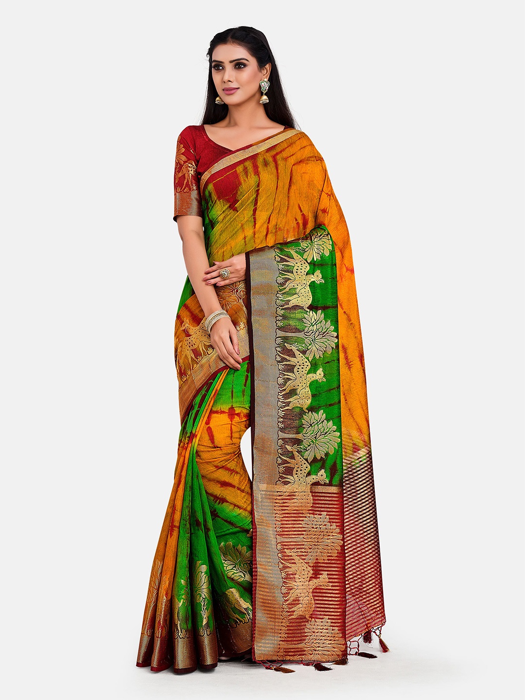 MIMOSA Green & Maroon Ethnic Motifs Zari Linen Blend Banarasi Saree