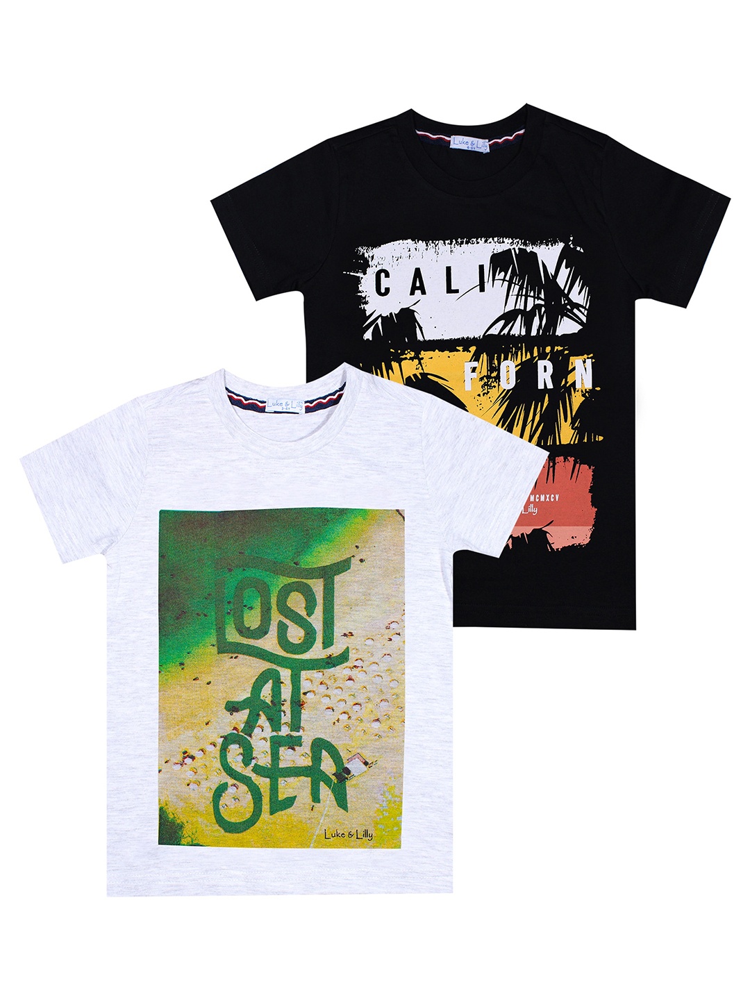 Luke Lilly Boys Pack of 2 Black White Printed Pure Cotton T-shirt