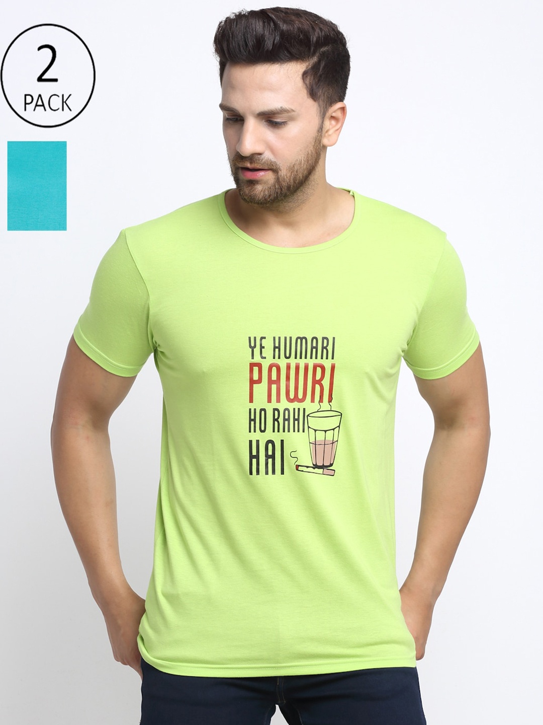 VIMAL JONNEY Men Pack of 2 Yellow & Turquoise Typography Printed T-shirts