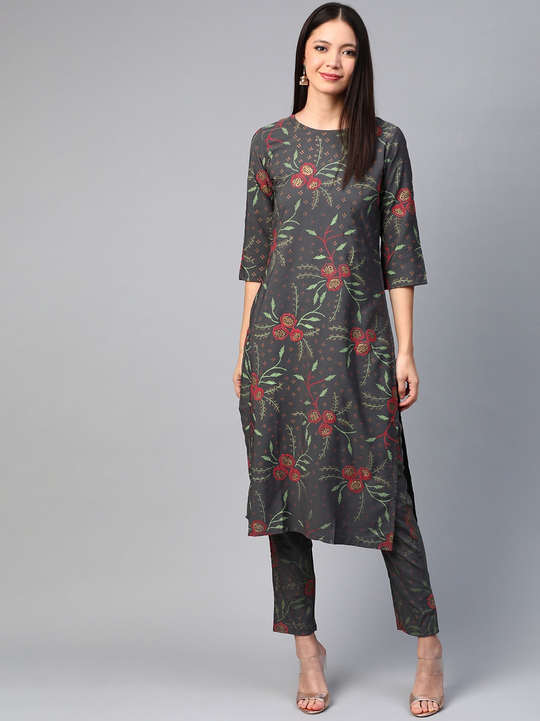 ZIYAA Women Dark Grey Color Foil Print Straight Crepe Kurta With Pant