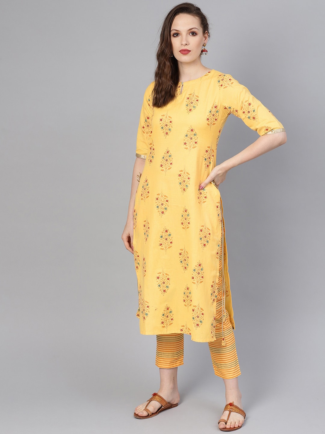 Libas Women Yellow Printed Pure Cotton Kurta with Trousers