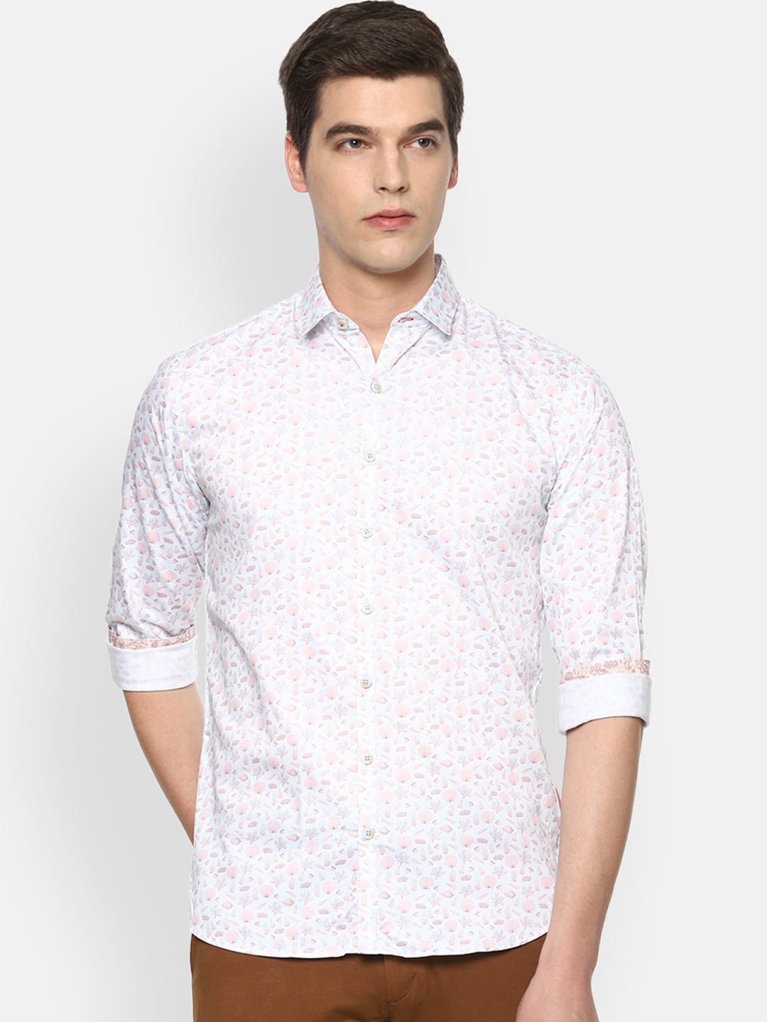 V Dot Men White Floral Printed Casual Shirt