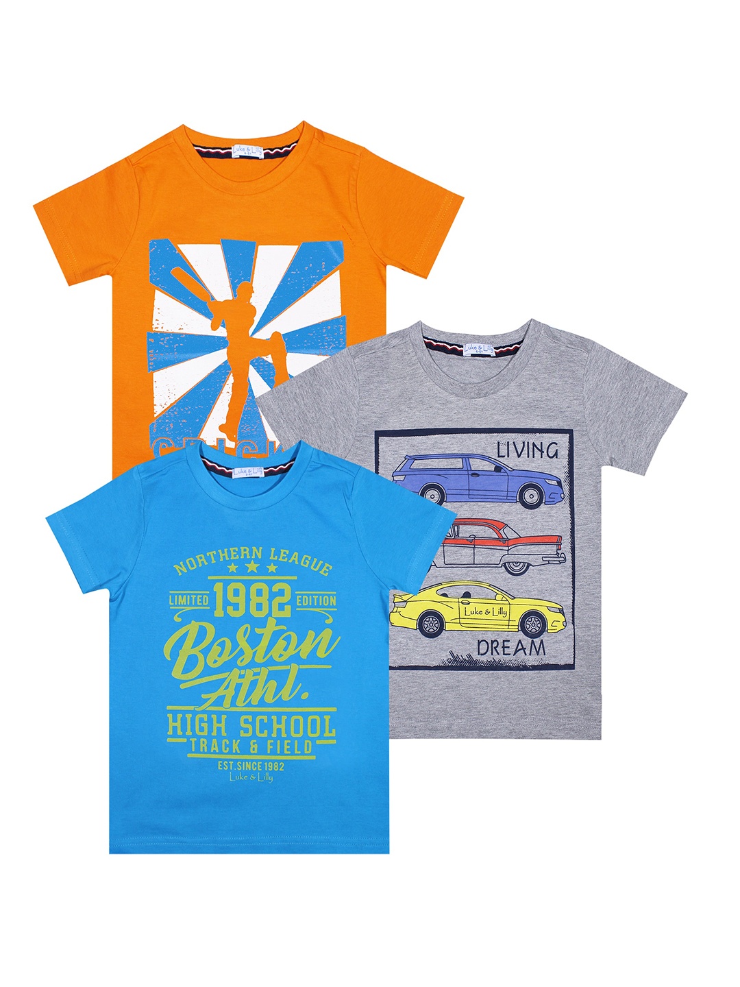 Luke Lilly Boys Pack of 3 Orange Blue Printed Pure Cotton T-shirt