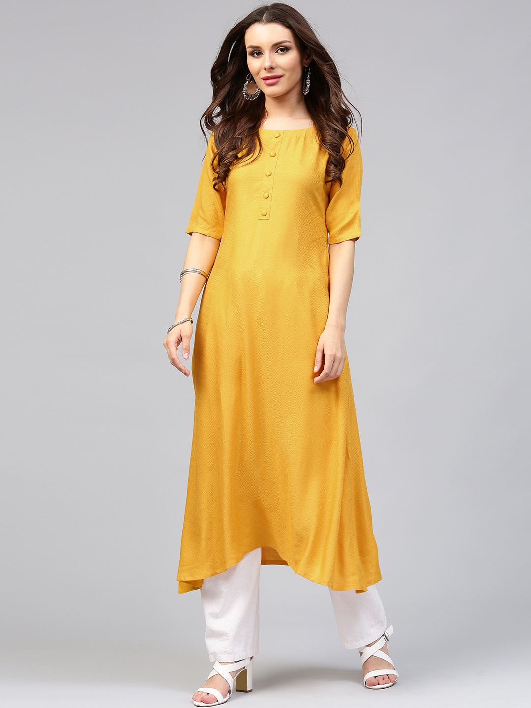 Libas Women Yellow Solid Cotton A-Line Kurta