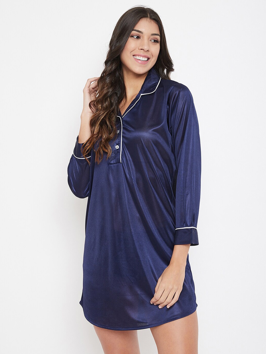 Clovia Women Navy Blue Solid Satin Sleep Shirt