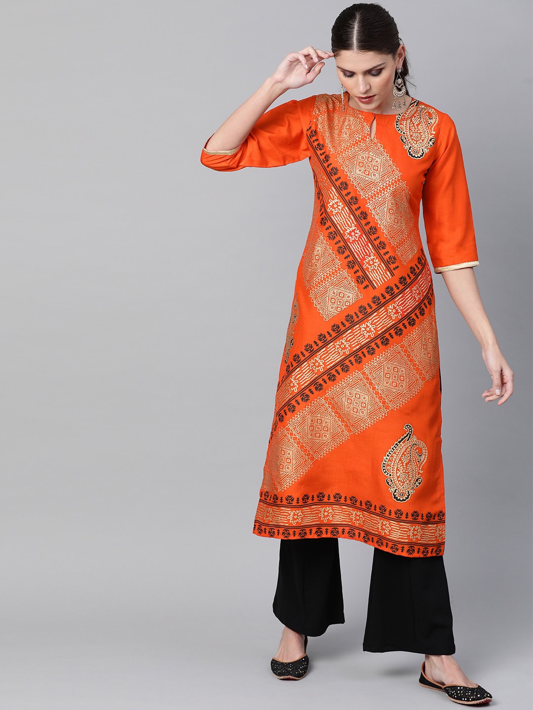 Libas Women Orange Woven Design Keyhole Neck Kurta