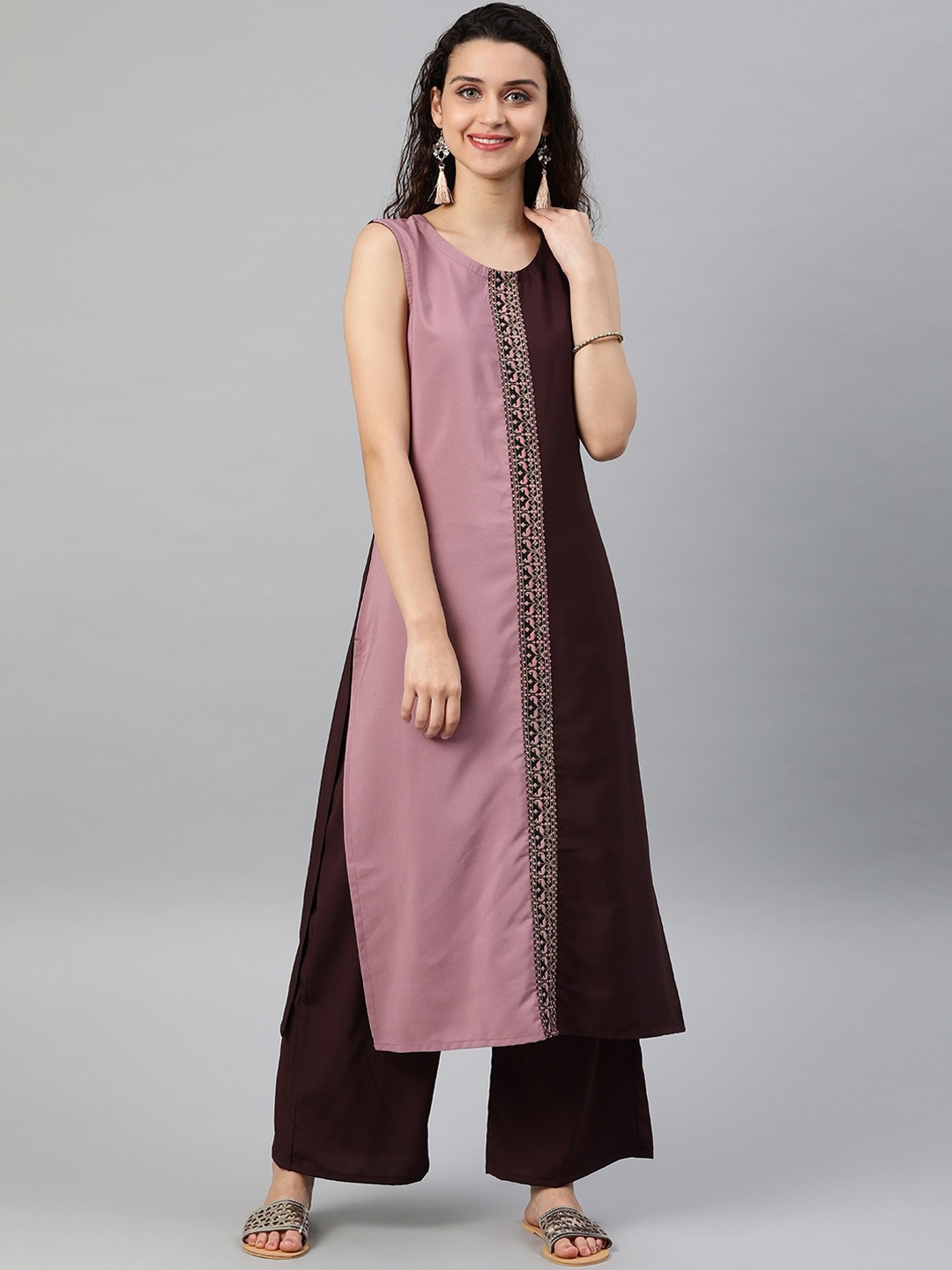 ZIYAA Women Brown & Purple Colourblocked Panelled Kurta Set
