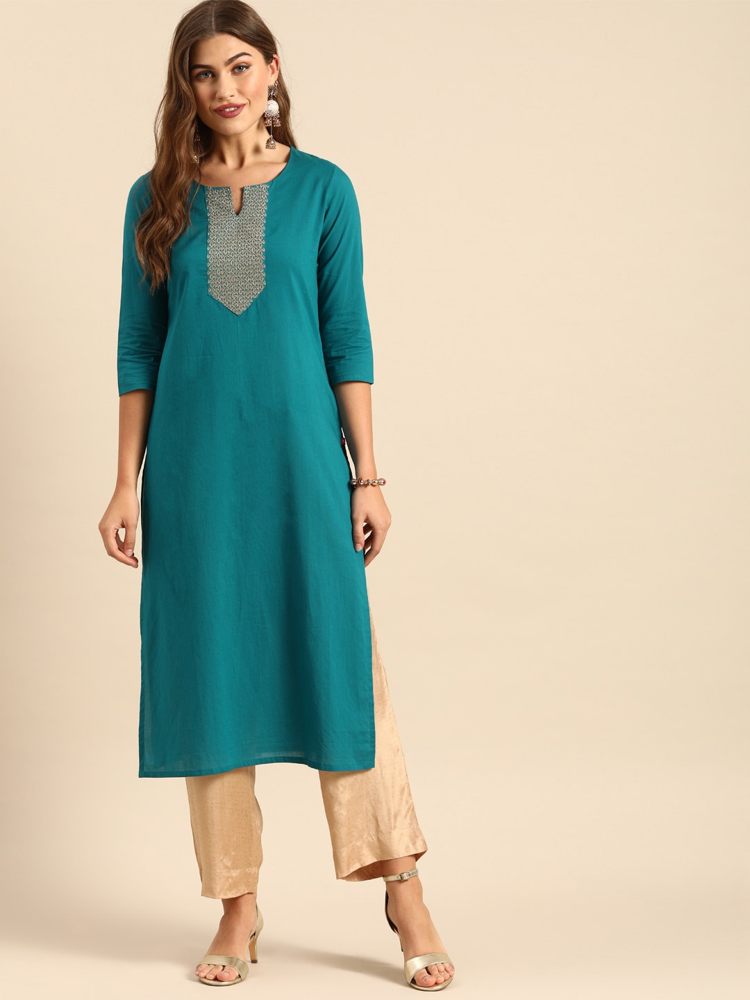 Varanga Women Turquoise Blue Yoke Design Yoke Design Keyhole Neck Kurta
