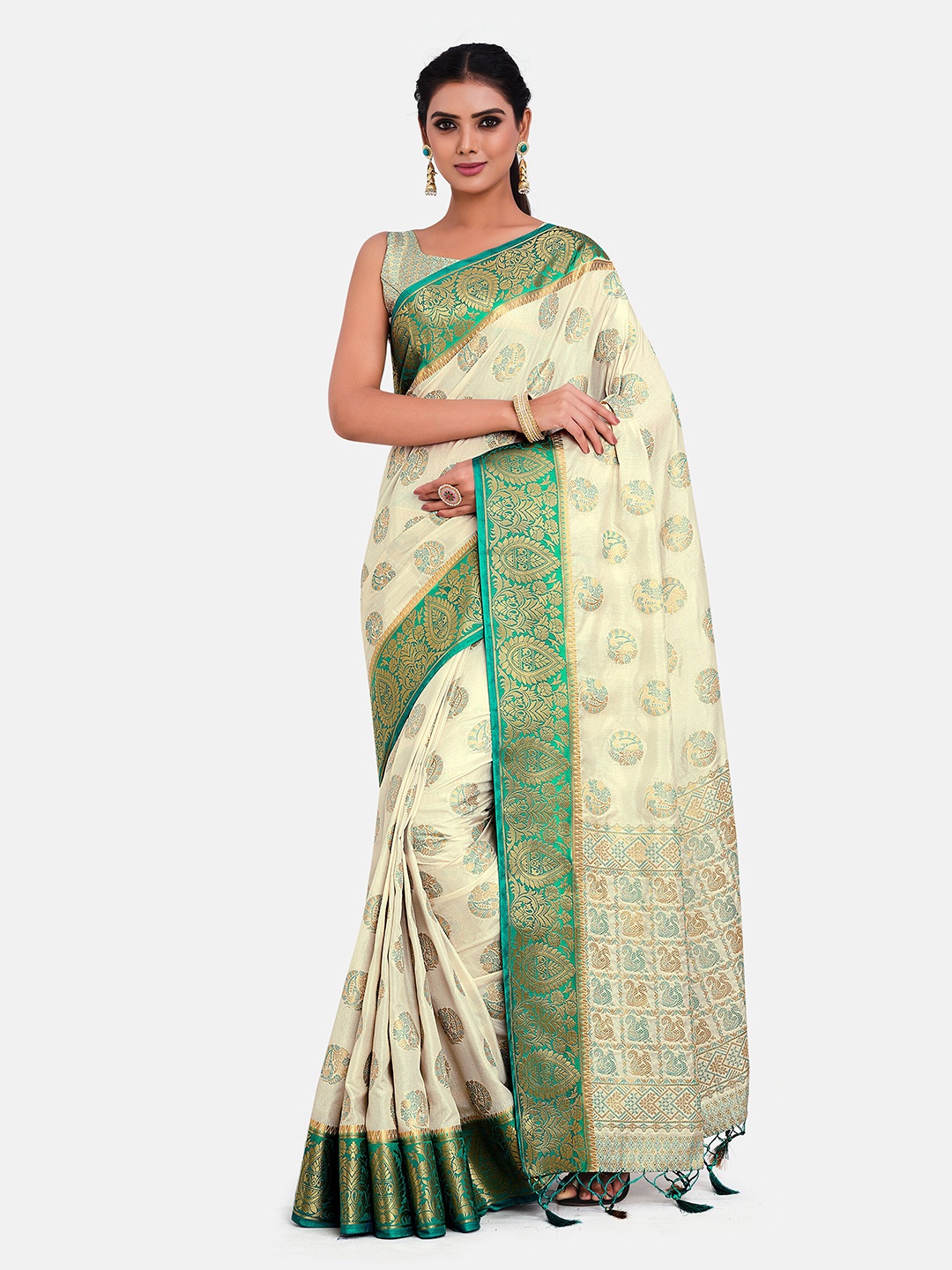 MIMOSA Off White & Green Ethnic Motifs Zari Art Silk Kanjeevaram Saree
