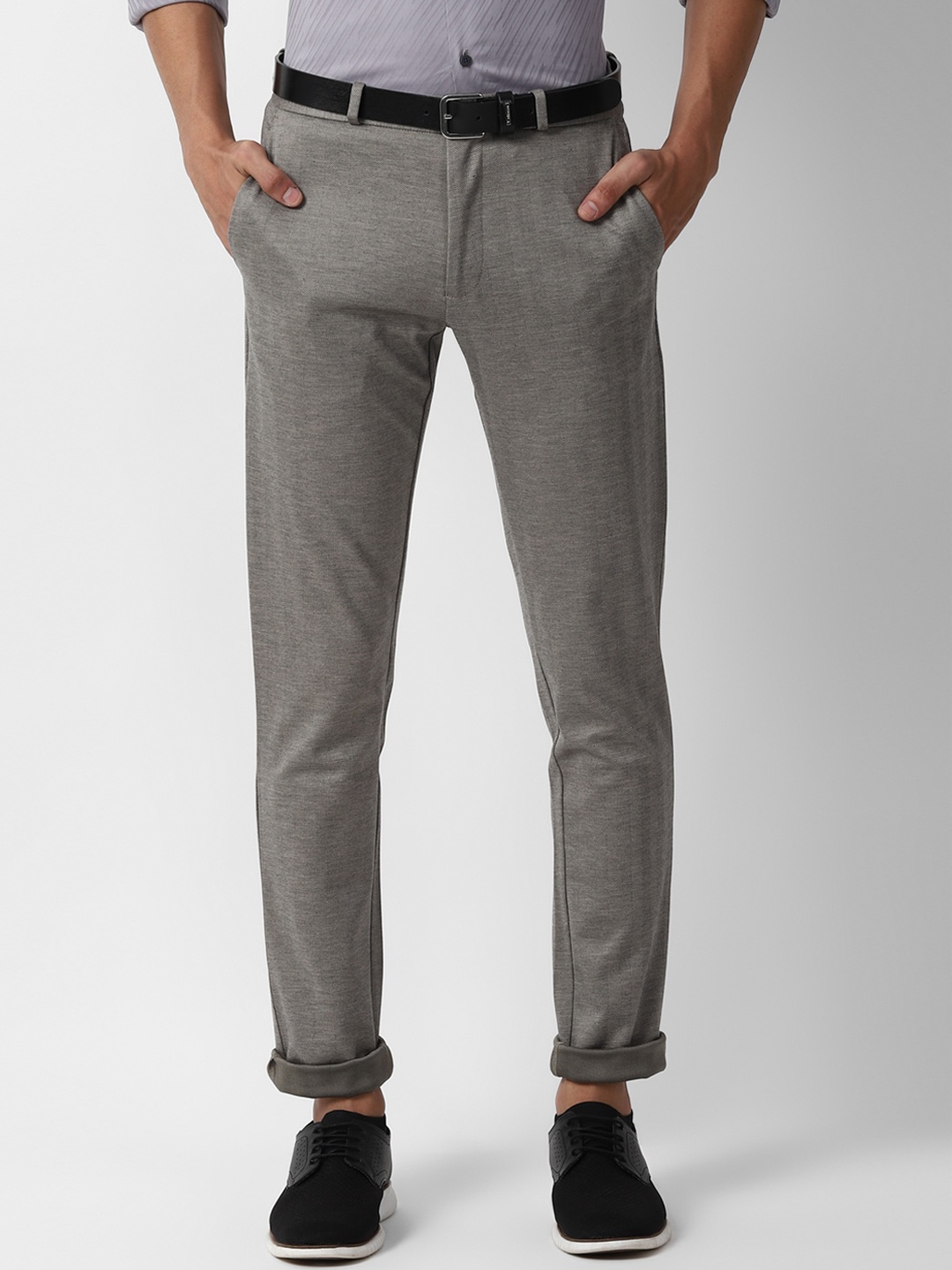 Louis Philippe Sport Men Grey Textured Slim Fit Regular Trousers
