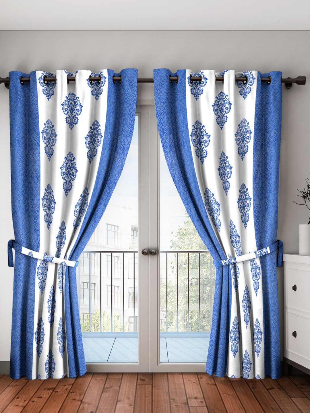 Home Sizzler Blue & White Set of 2 Ethnic Motifs Long Door Curtain